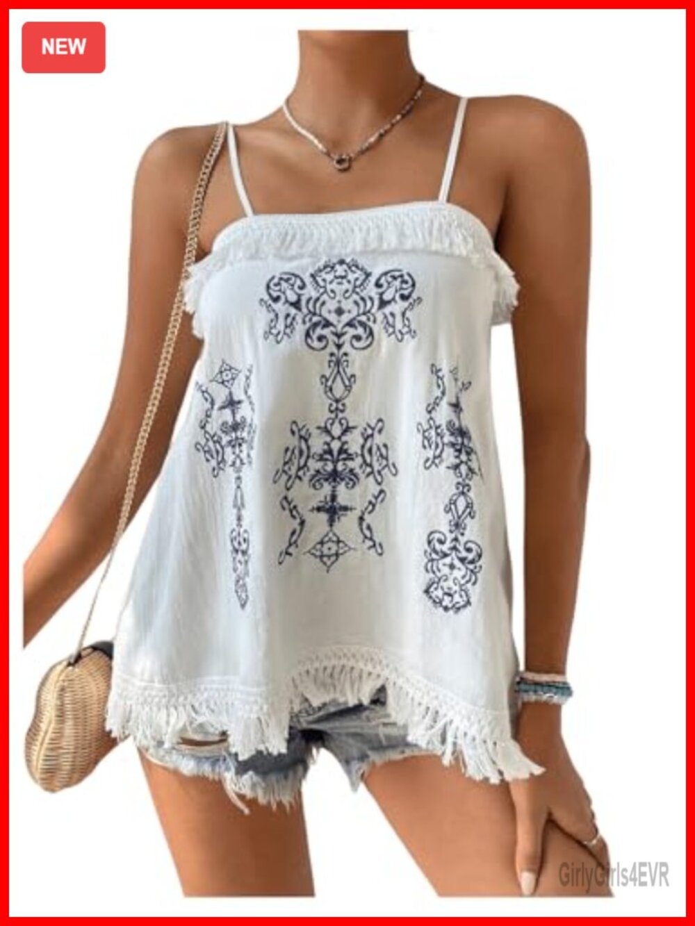 Boho Embroidered Sleeveless Cami Top Fringe Trim Summer Beach